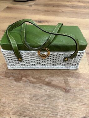 kate spade Green Leather-Trim White Woven Tote